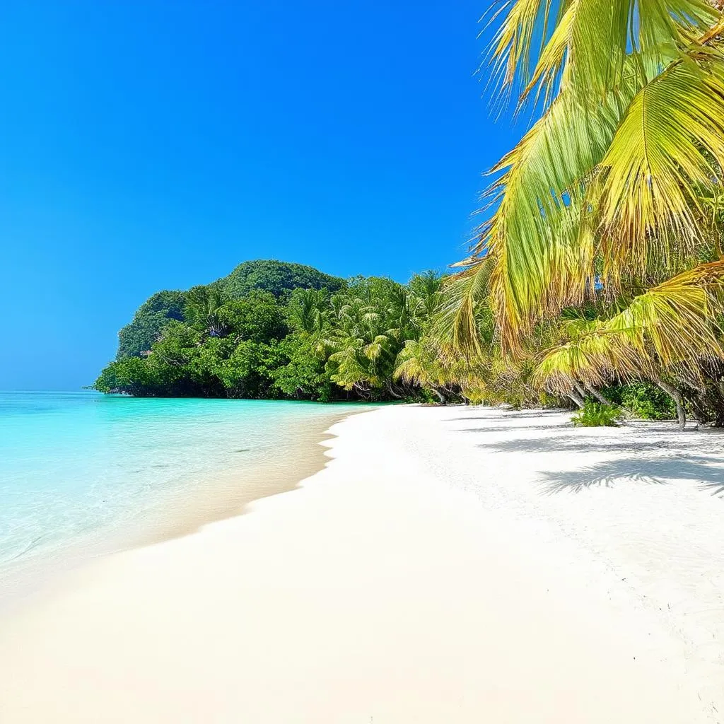 White sand beach with turquoise water and palm trees