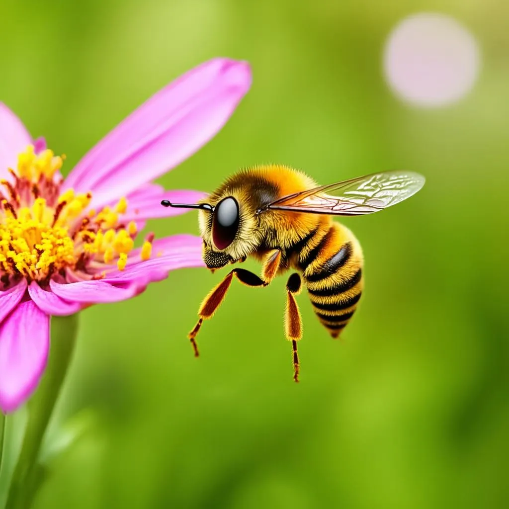 A honeybee diligently collecting nectar from a vibrant flower