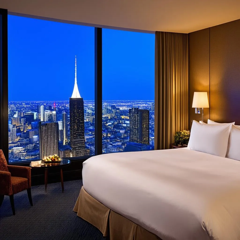 A luxurious hotel room with a panoramic city view