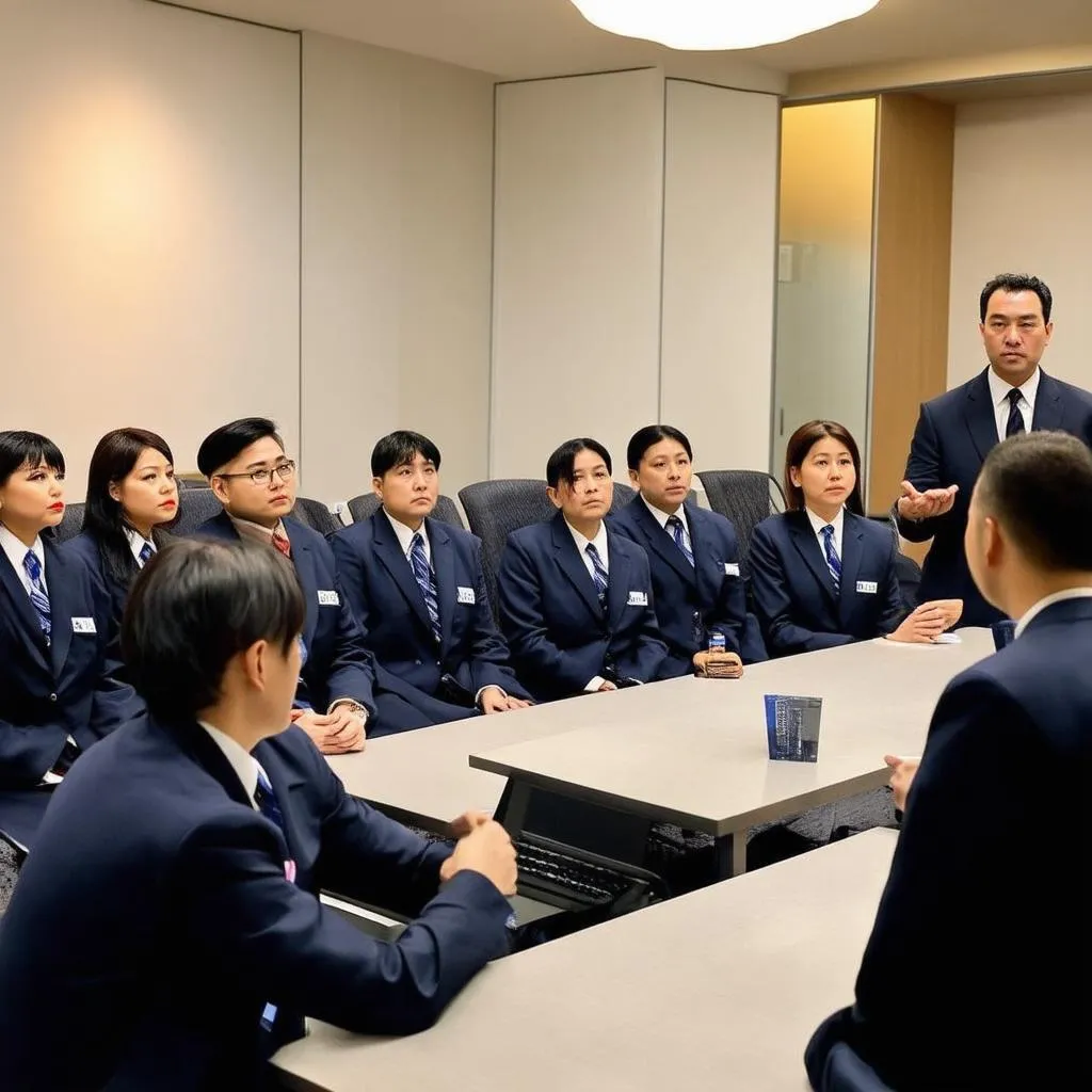 Hotel staff meeting in a modern conference room