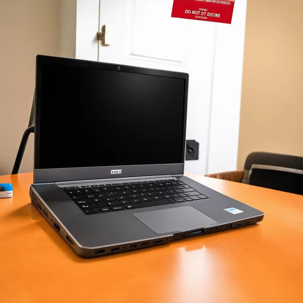 A hotel room desk set up for remote work