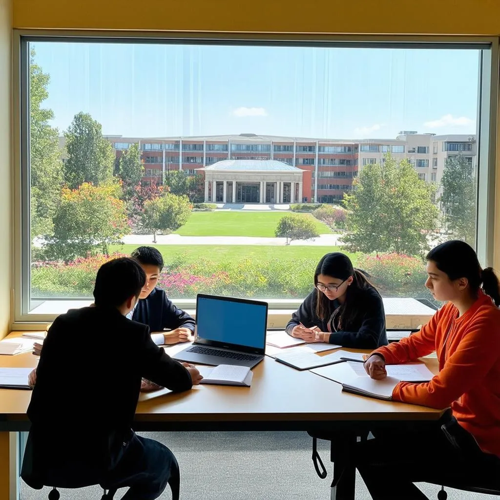 Students studying at a desk with a view of Hue University of Tourism