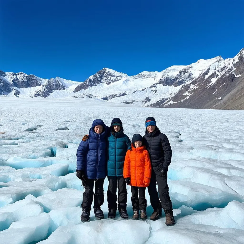 A family standing on a glacier looking at mountains.