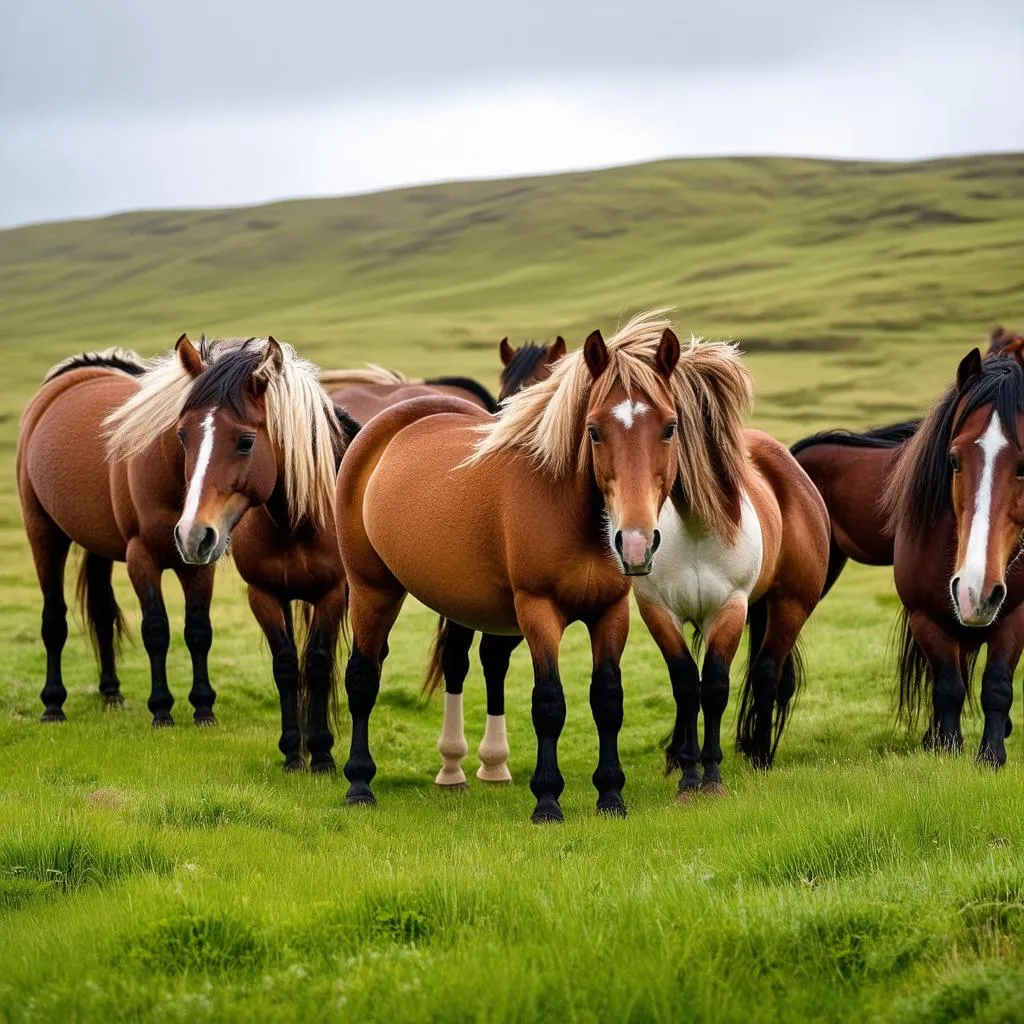 Icelandic horses in a field of green grass.