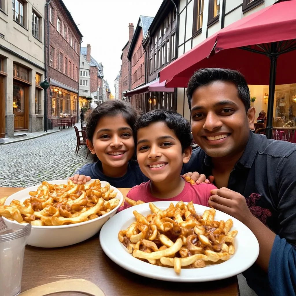 Indian Family Enjoying Poutine in Quebec City