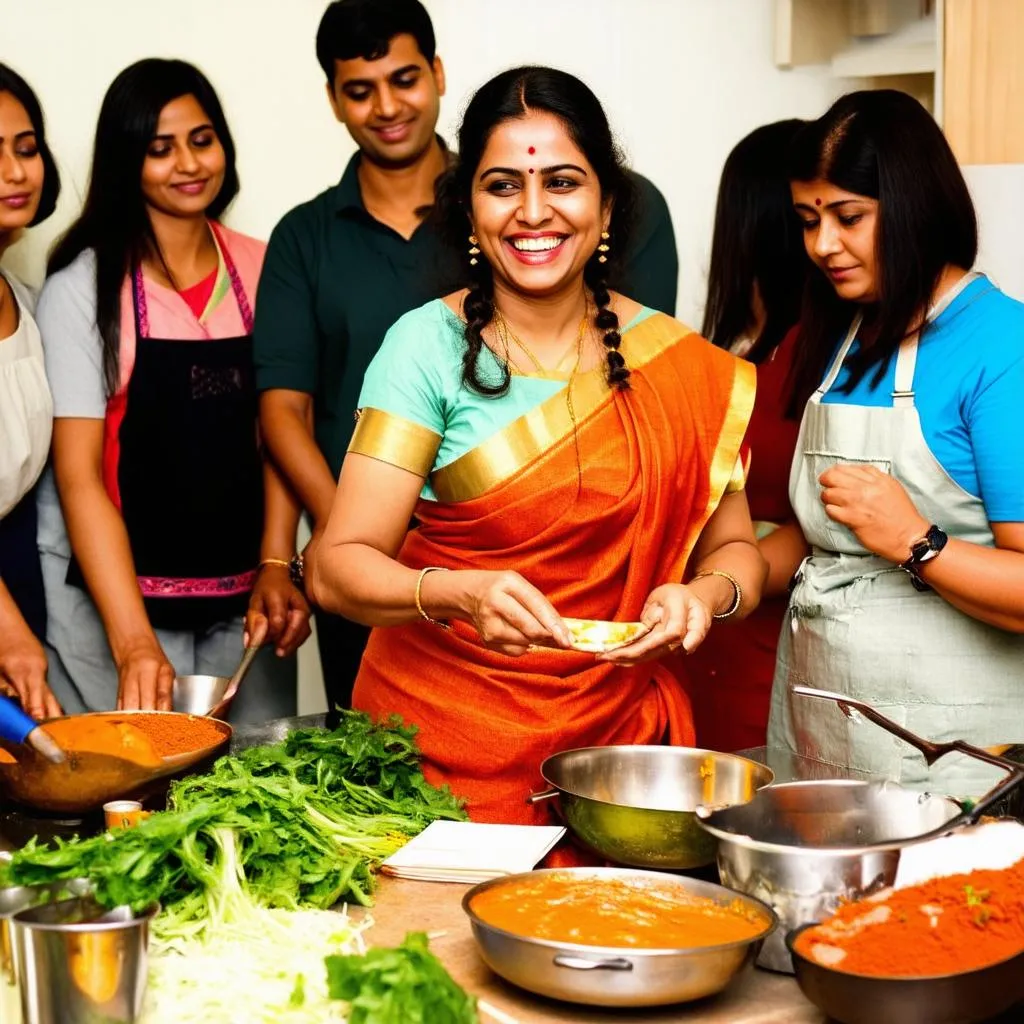 Indian woman teaching cooking class