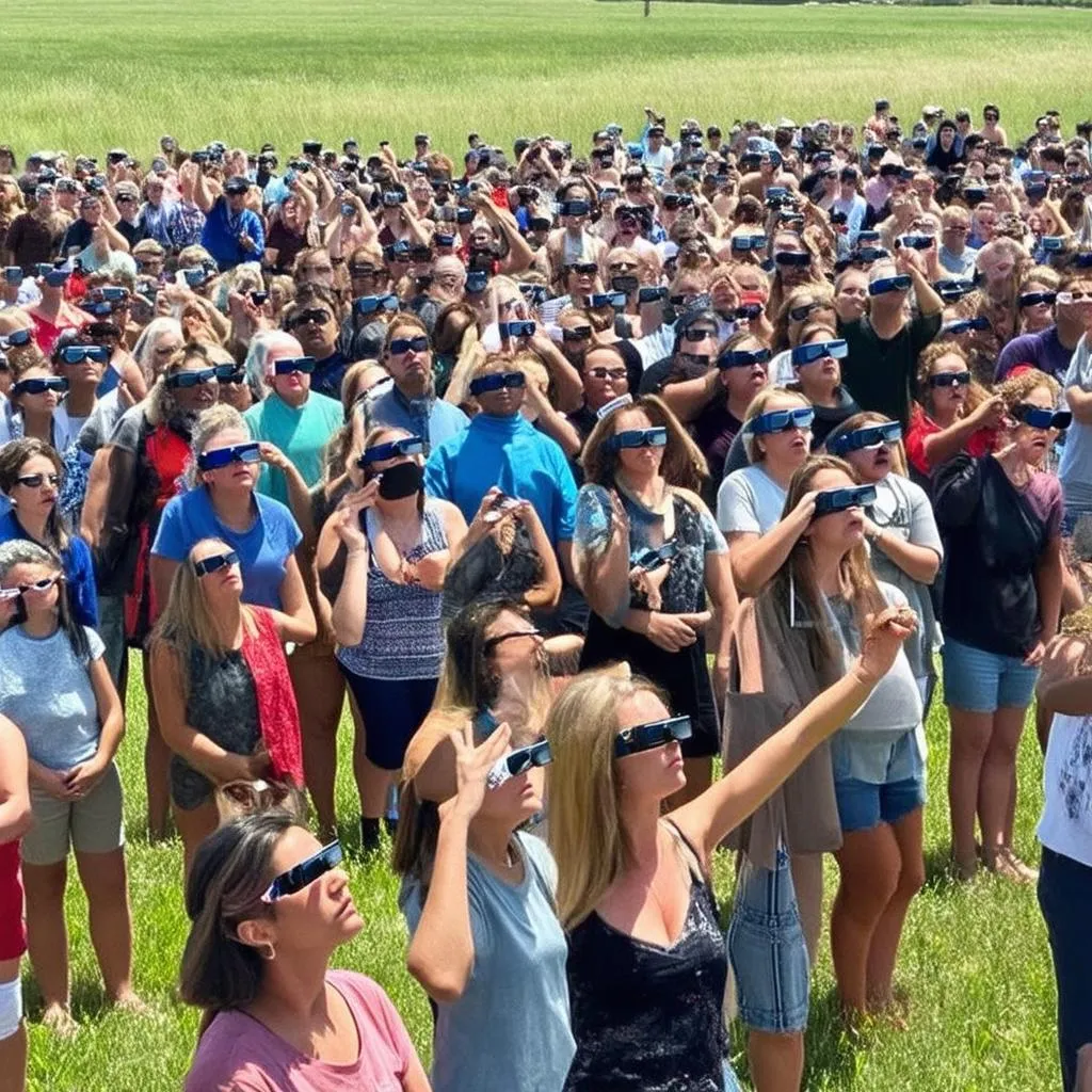 People gazing at the sky during the solar eclipse in Indiana