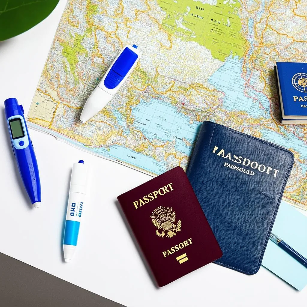 Insulin pens and passport on a map