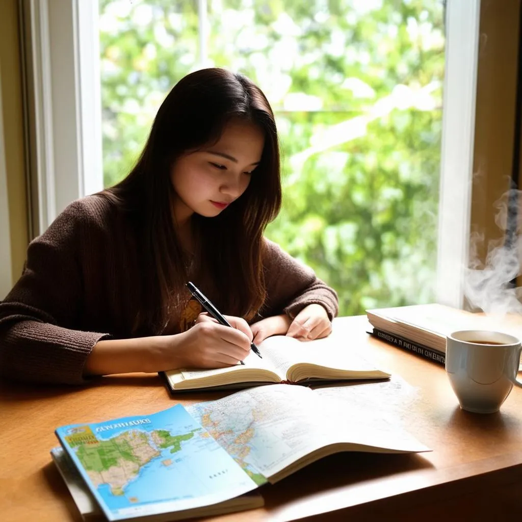 Woman writing a report at a desk