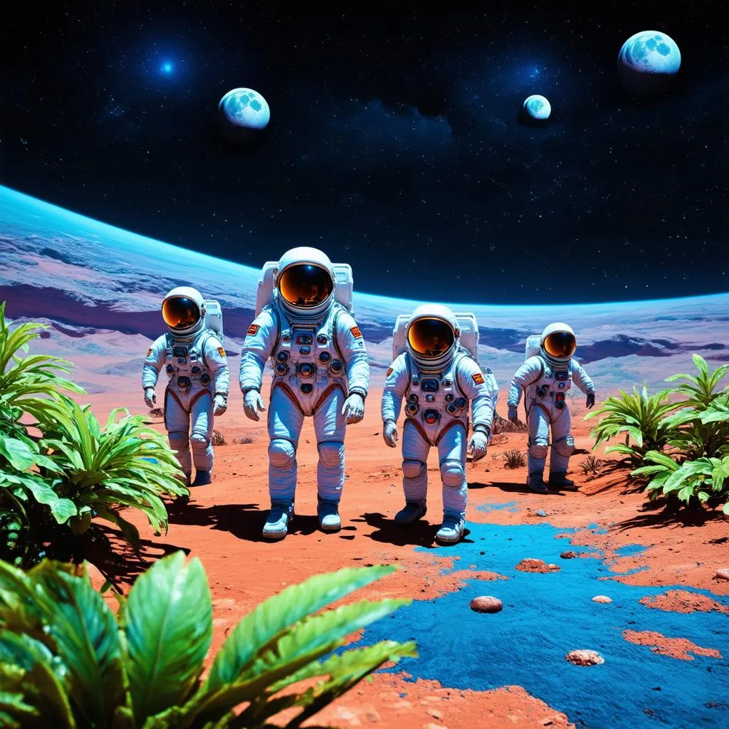 A group of astronauts exploring a vibrant alien planet