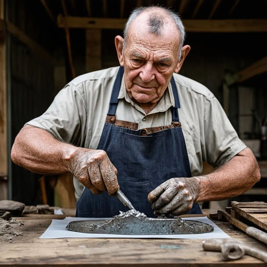 Irish Traveller craftsman working with tin