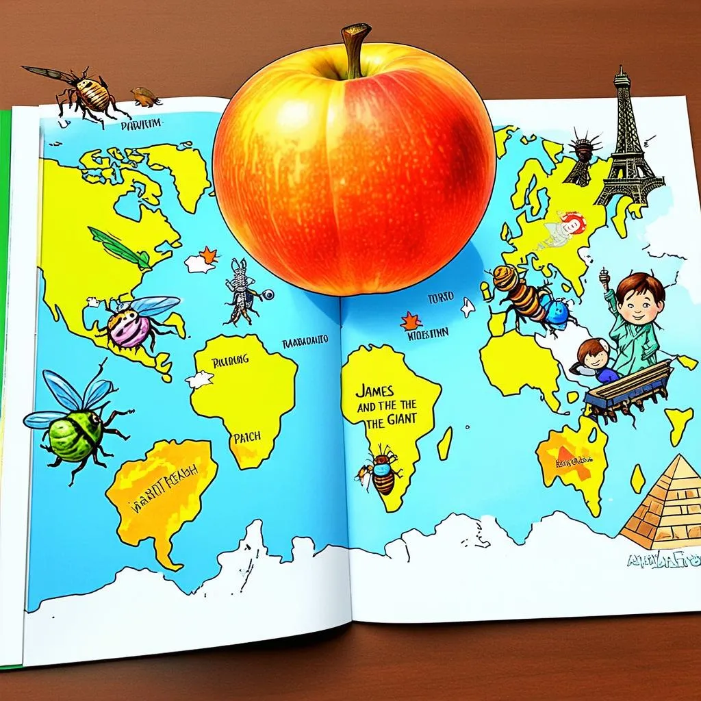 Giant peach brochure, open to a colorful, hand-drawn map with whimsical illustrations of landmarks and characters.