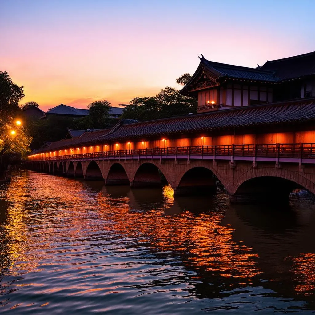 Japanese Covered Bridge at Sunset