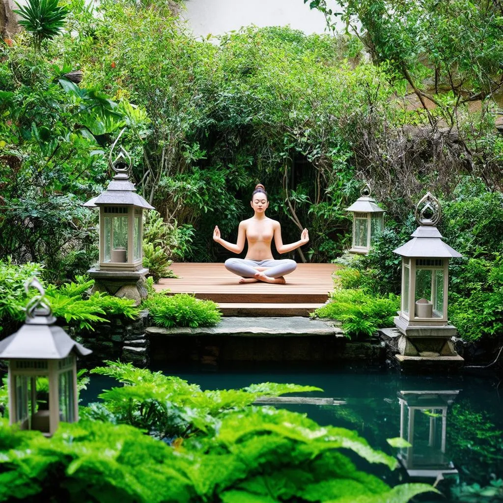 Traditional Japanese Garden with a Person Meditating