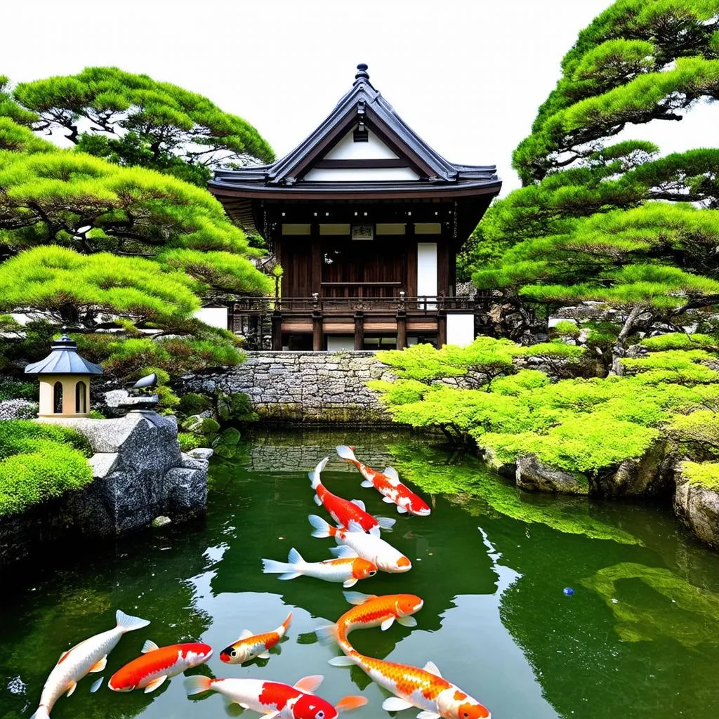 Serene Japanese temple garden with a pond and colorful koi fish