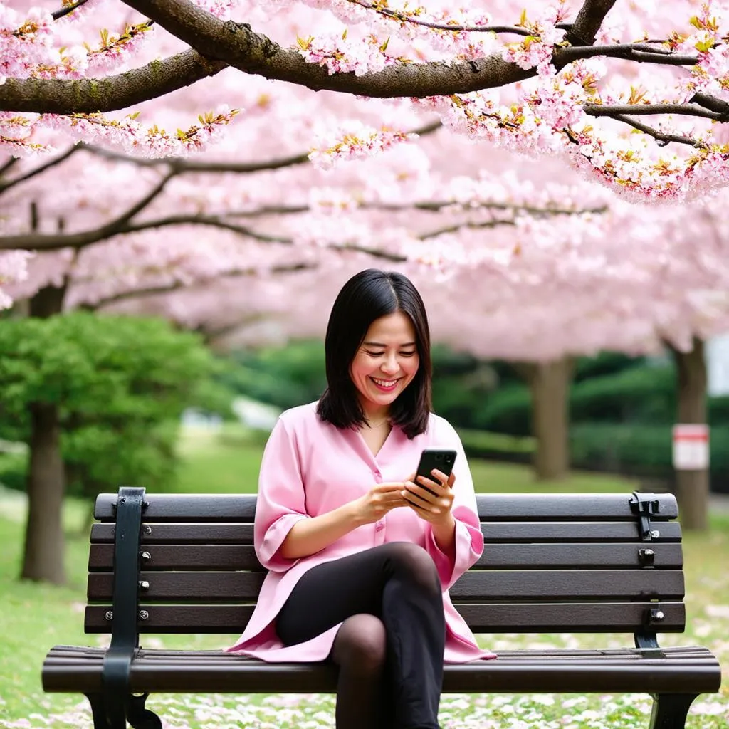 Woman using phone in Japan