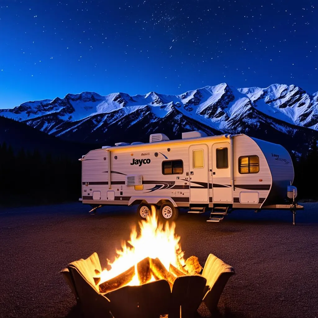 Jayco Jay Flight trailer parked amidst snowy mountains