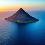 Volcanic island with lush greenery and blue waters