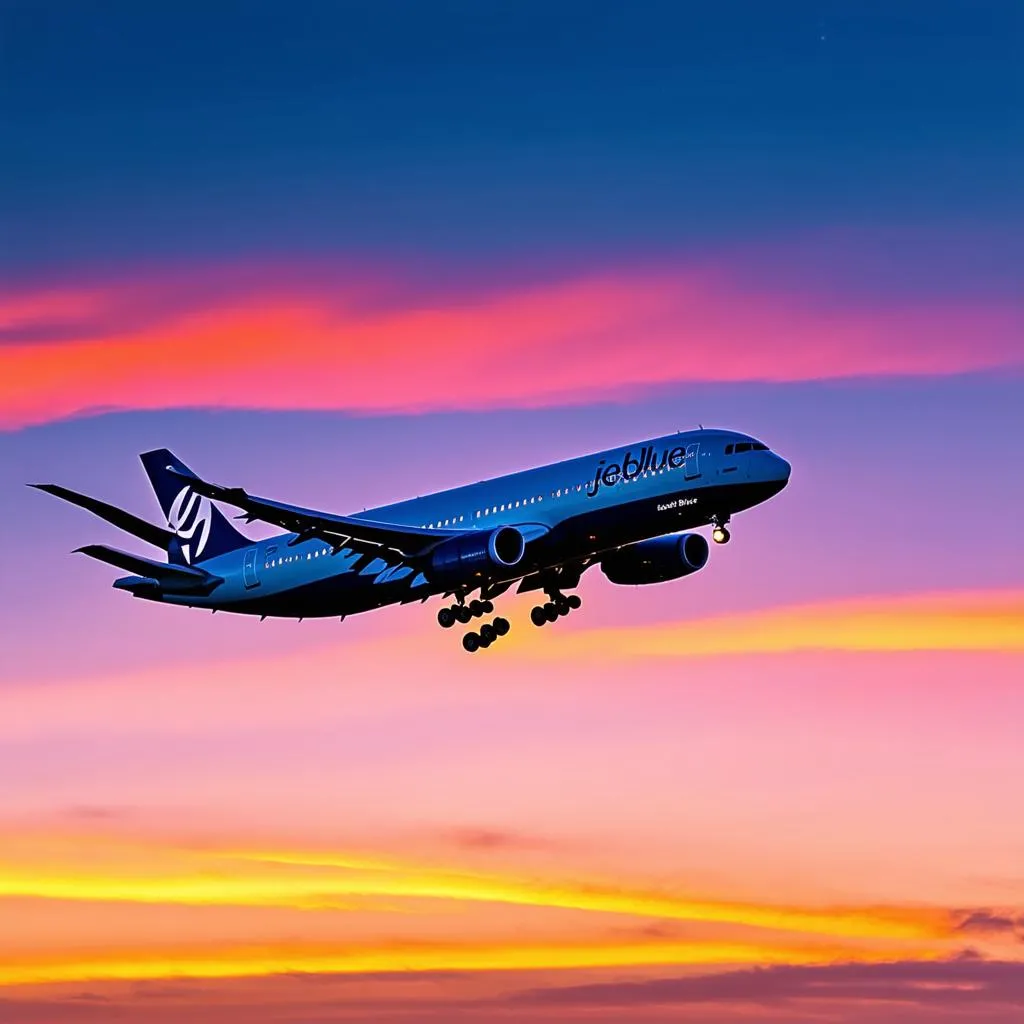 airplane taking off at sunset