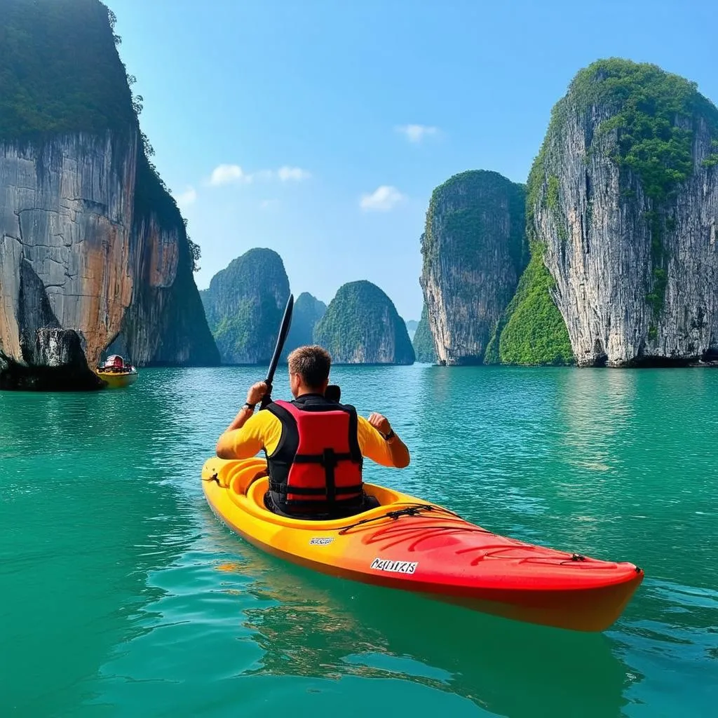 kayaker paddling through the majestic ha long bay