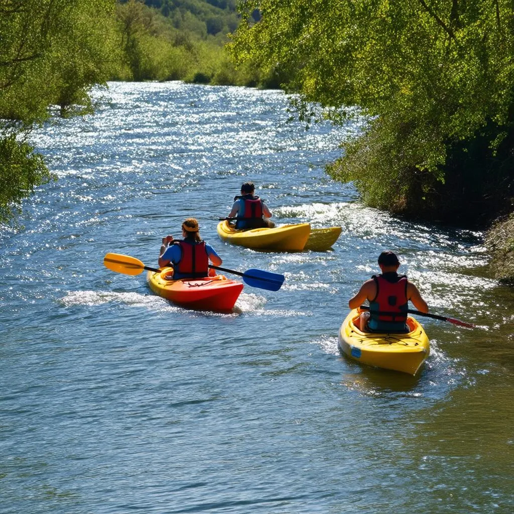 Kayakers paddling upstream