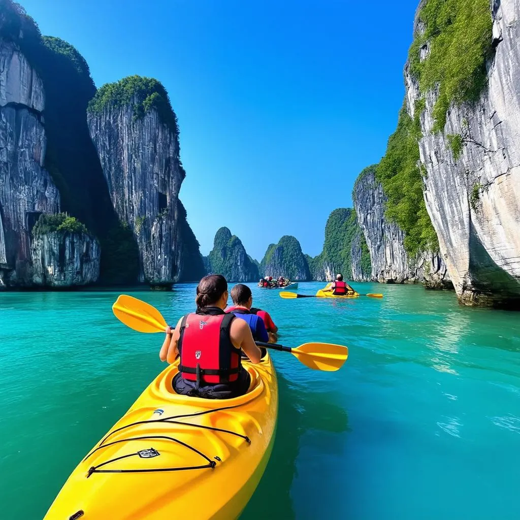 Tourists kayaking in Ha Long Bay