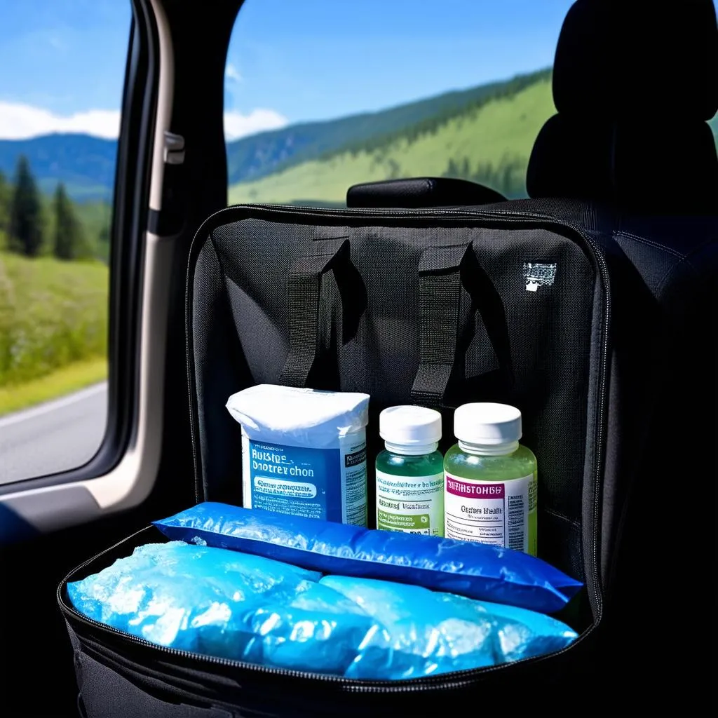 Medicine in a cooler bag on a car seat