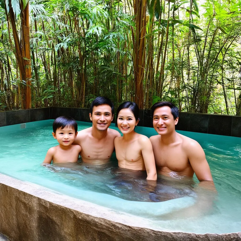 Family relaxing at Kenh Ga Hot Spring