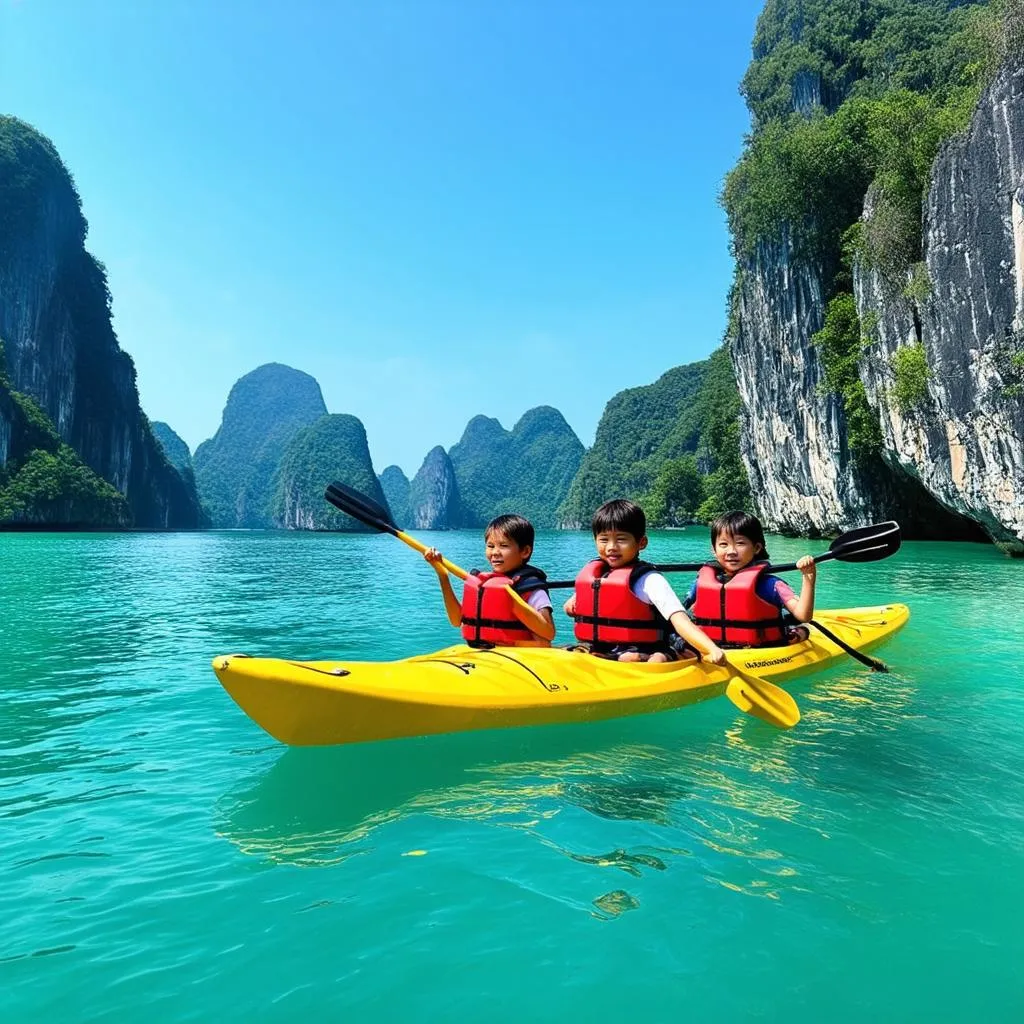 Kids kayaking in Lan Ha Bay