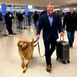 Kirk Herbstreit walking through an airport with his dog