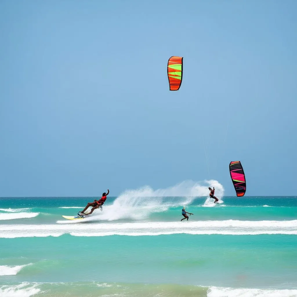 Kite surfers riding the waves in Mui Ne