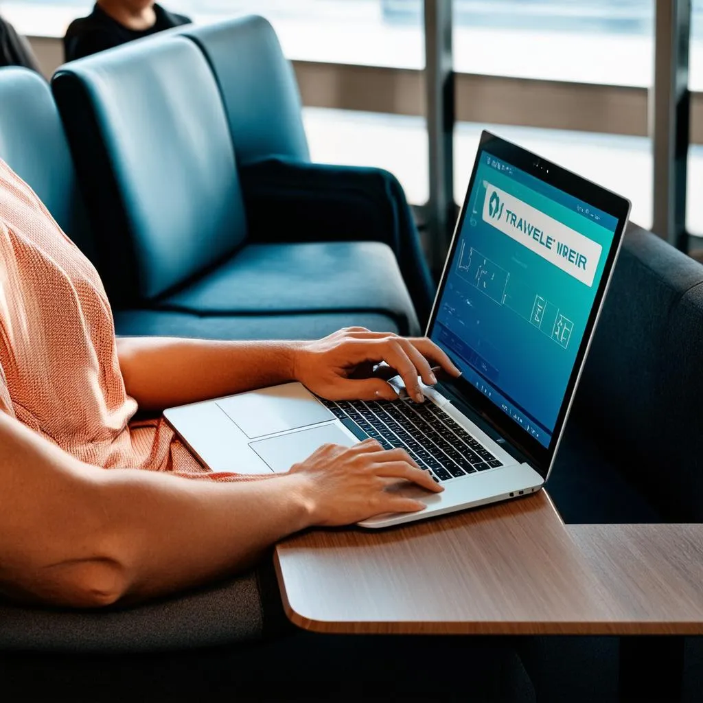 Traveler using laptop in airport lounge