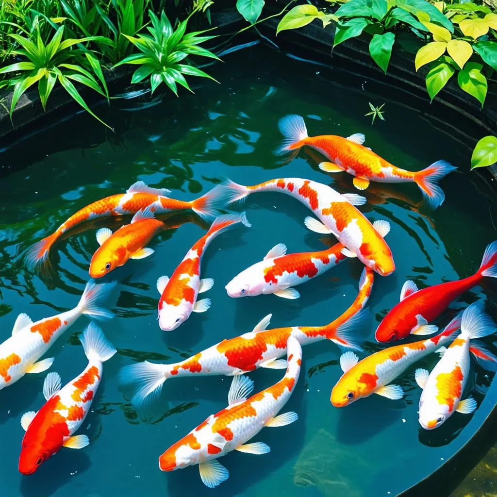 Koi fish swimming in a pond