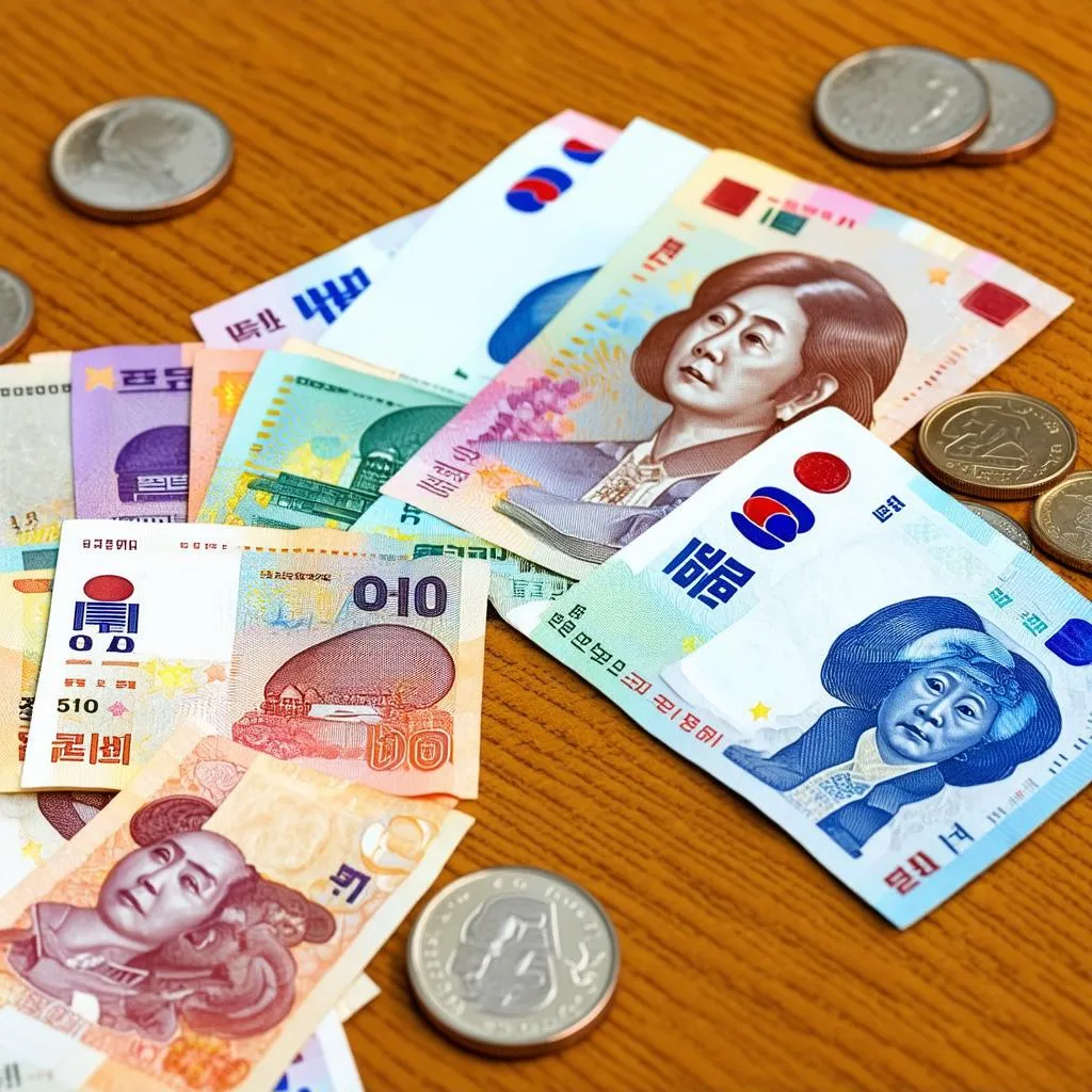 Korean Won banknotes and coins.