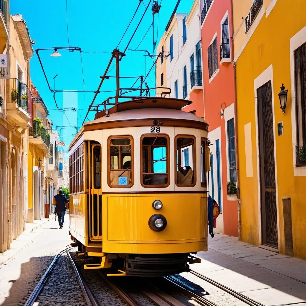 Lisbon yellow tram in Alfama