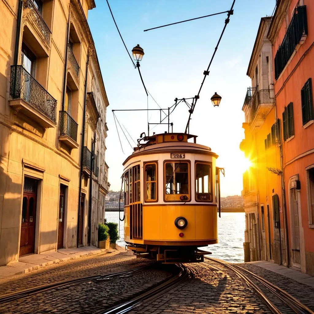 A vintage tram climbing a hilly street in Lisbon at sunset