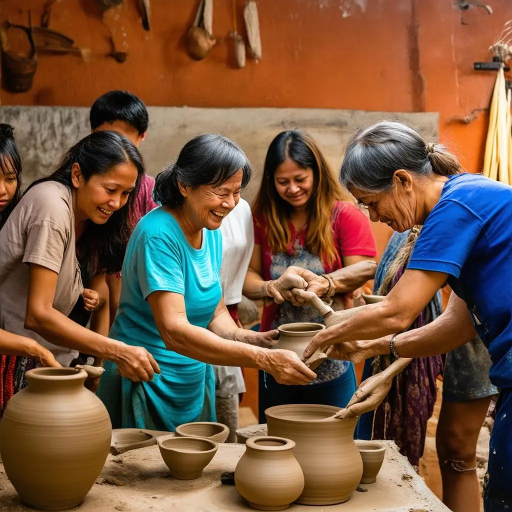 Tourists learning pottery from local artisan