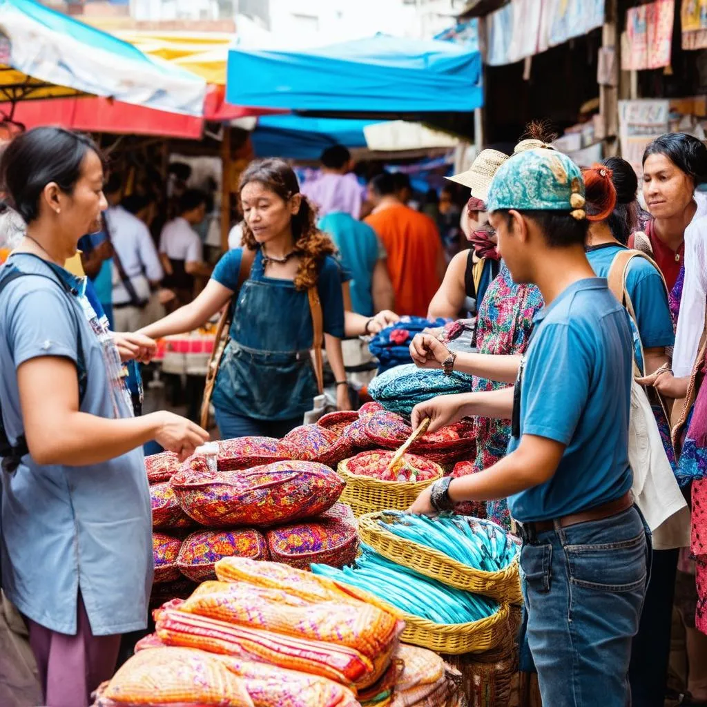 travelers interacting with locals