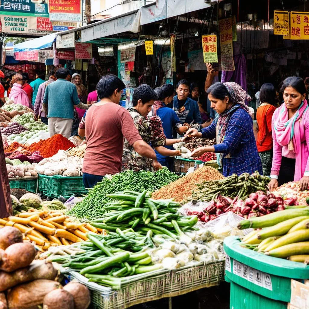 A local market scene with vibrant colors and diverse people.