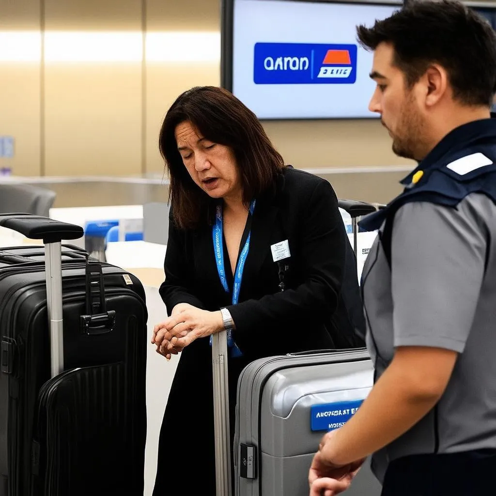 Stressed traveler at airport help desk