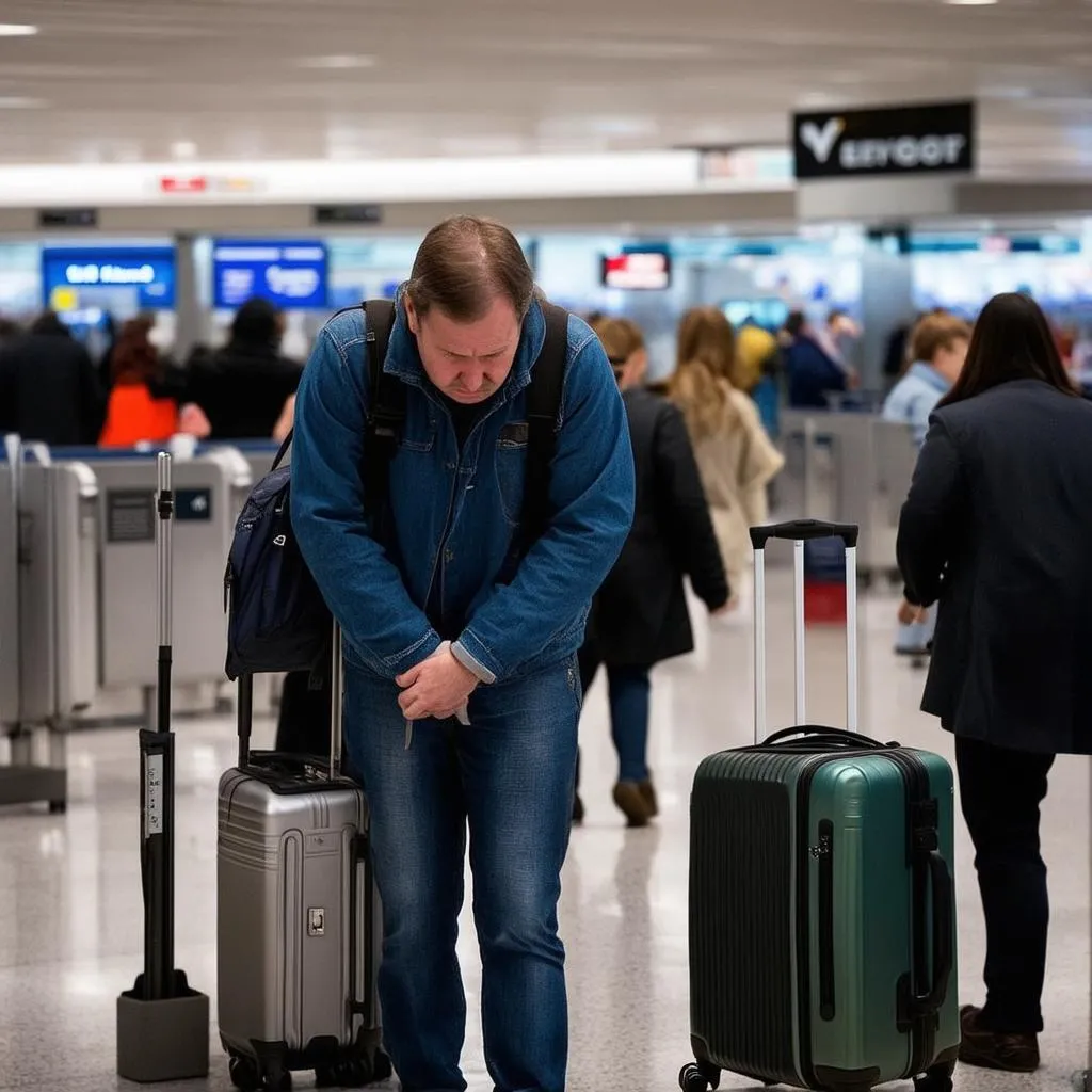 Worried Traveler Searching for Luggage in Airport