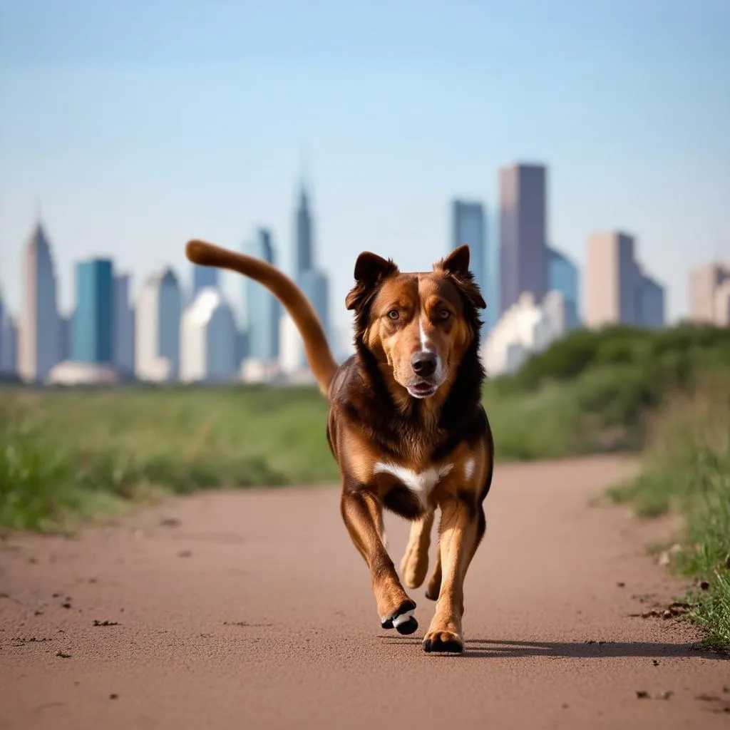 Loyal Dog Walking Towards City Skyline