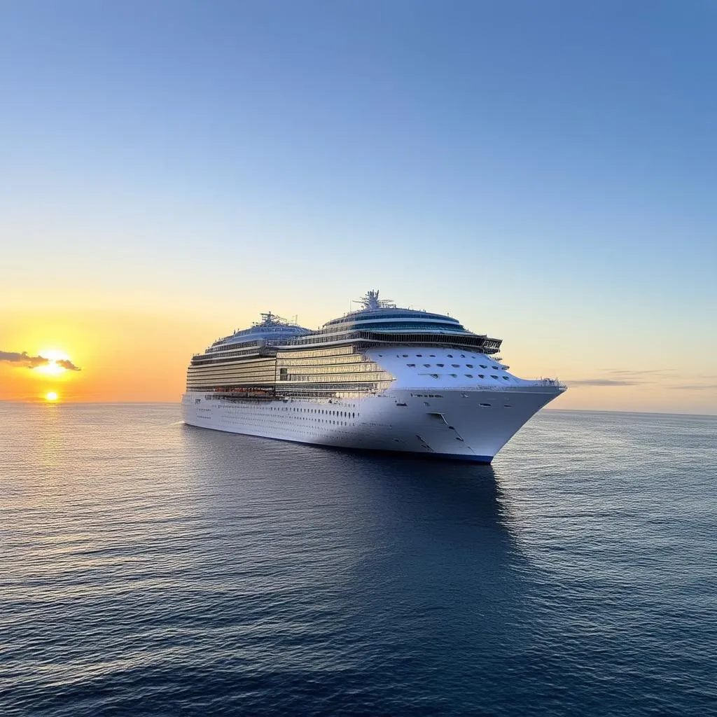 A luxurious cruise ship sailing on the ocean during sunset