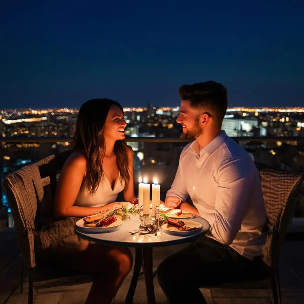 Couple enjoying a romantic dinner overlooking a cityscape.