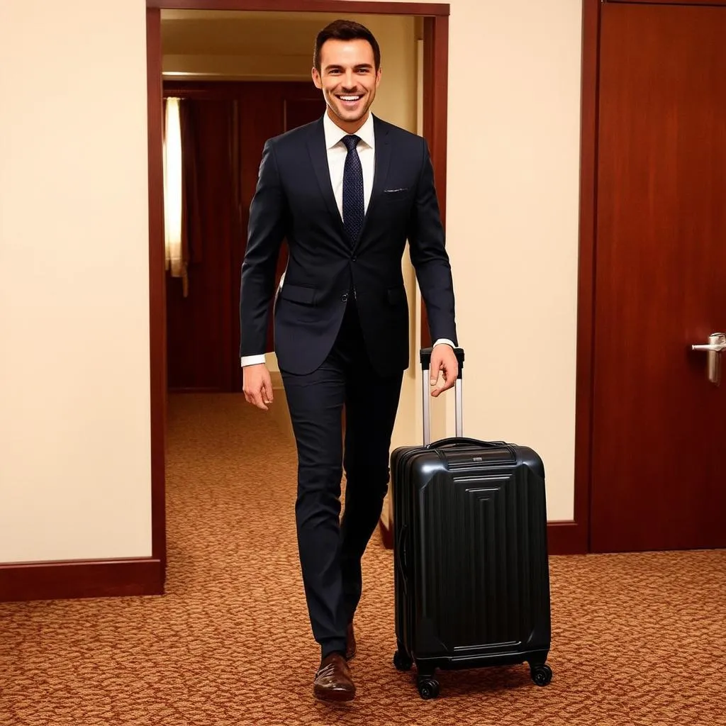 Man Arriving at Hotel with Suit