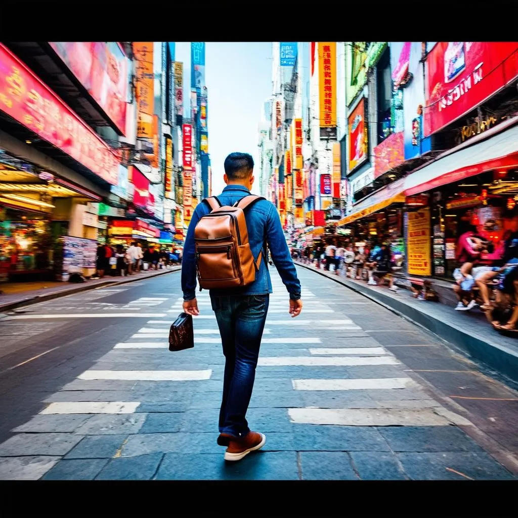 A man exploring a new city while carrying a backpack.