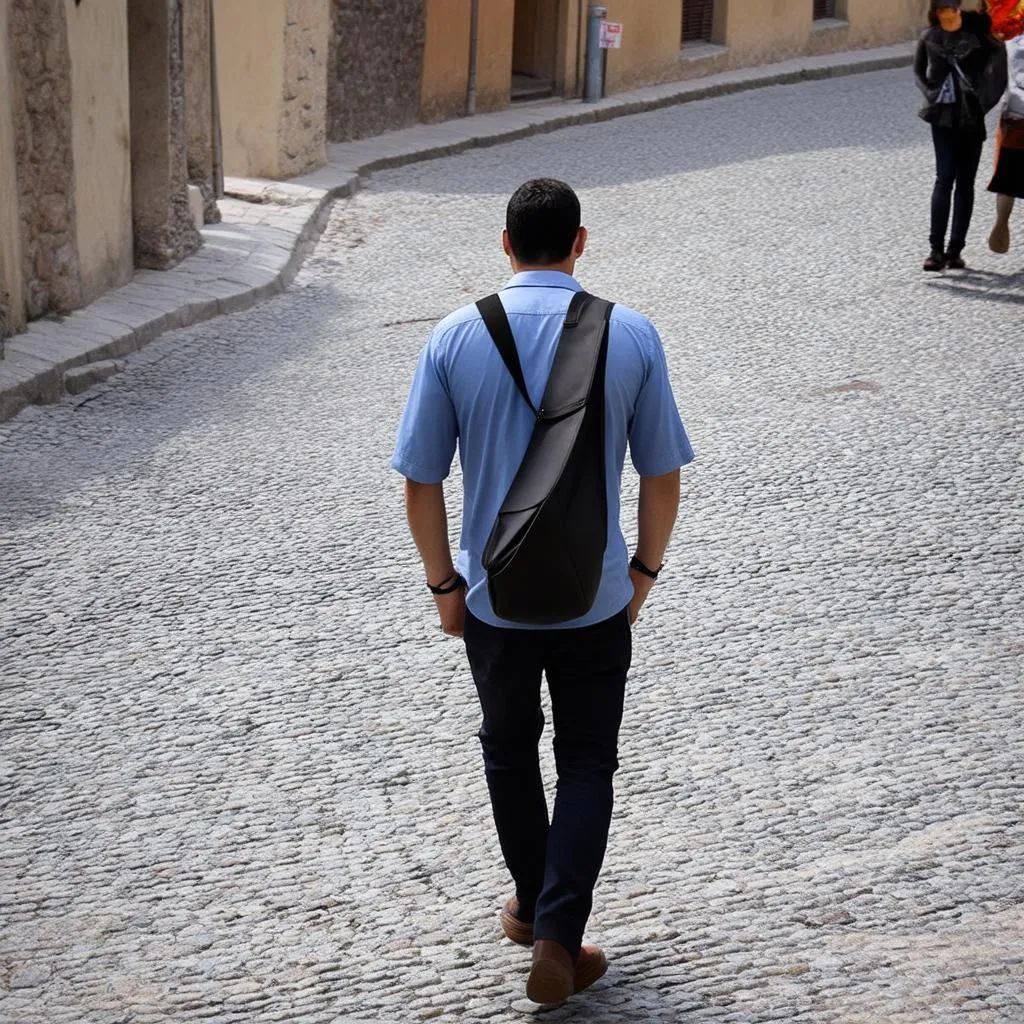 a man wearing a grey sling bag while exploring a European city