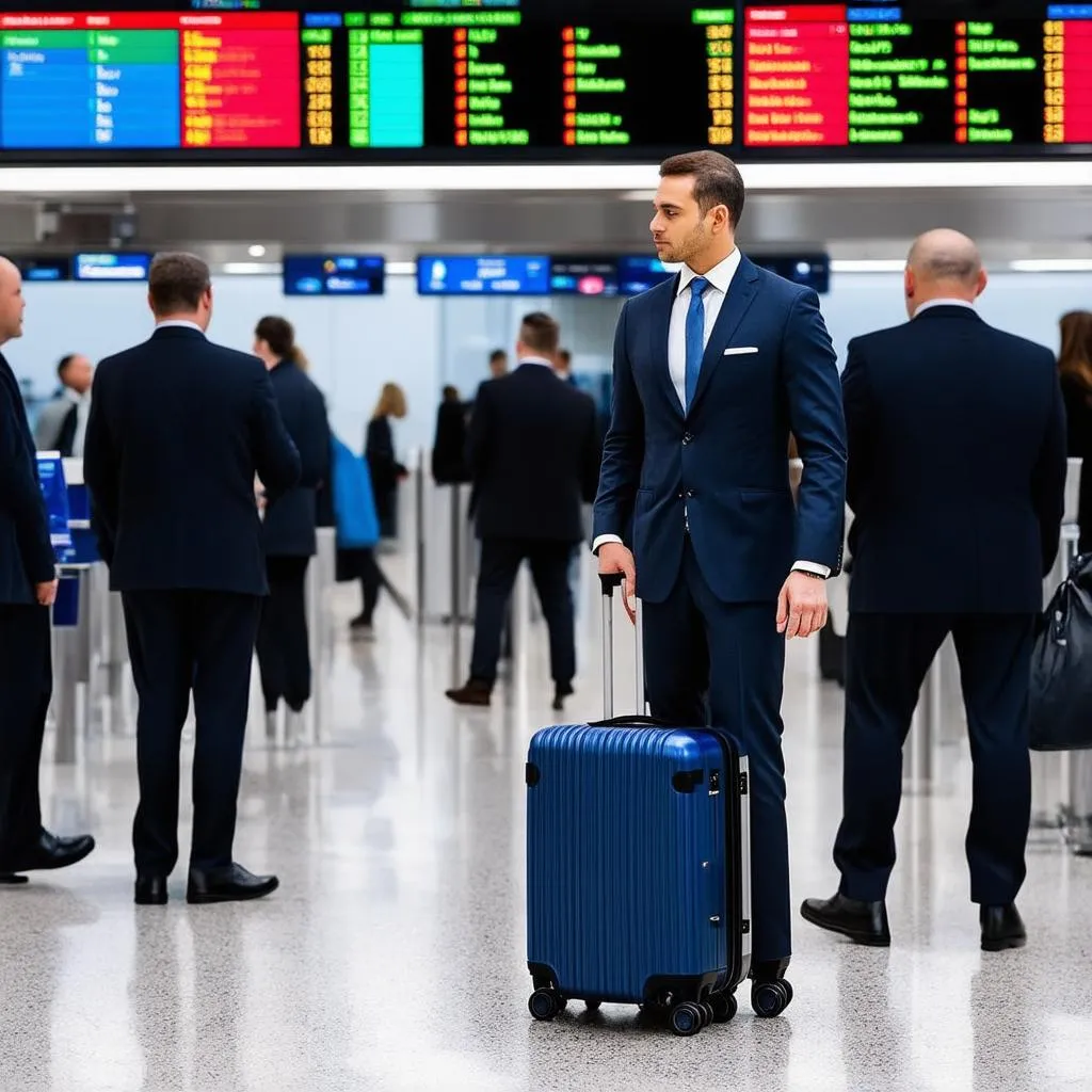 Man Standing with Suitcase at Airport