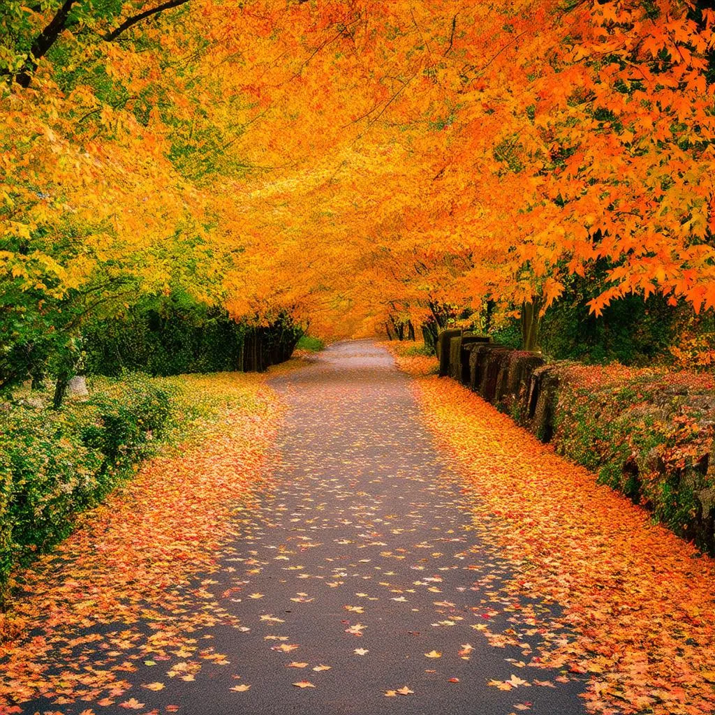 path covered in maple leaves