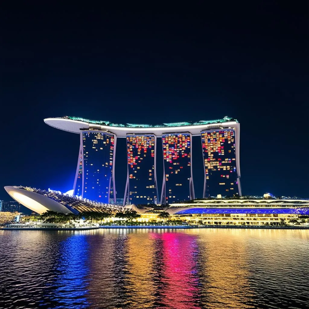 Singapore's iconic Marina Bay Sands Hotel at night, with colorful lights illuminating the city skyline.